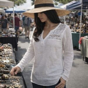 Beachy White Gauze Cotton Long Sleeve Top Women's L Embroidery Fringe Resort